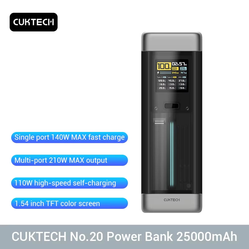 CUKTECH No.20 Power Bank 25000Mah P23 210W Output 3-Port Portable Charger 140W USB C for Macbook Iphone 14 Xiaomi ZMI Camping