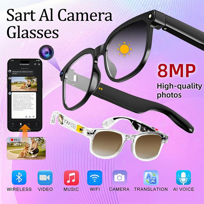 Smart AI Camera Glasses with 8MP Photochromic Lenses ,Button Touch Adjustment for Travel Outdoor Adventures Hands-Free Photography 160+Languages Real-Time Translation Bluetooth Wireless Wearable Video Recording UV Protection ,Black Friday & Cyber Monday